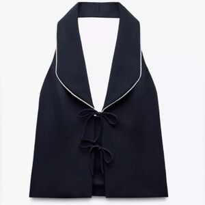 Zara Contrast Tied Halter Top in navy blue with white piping trim.